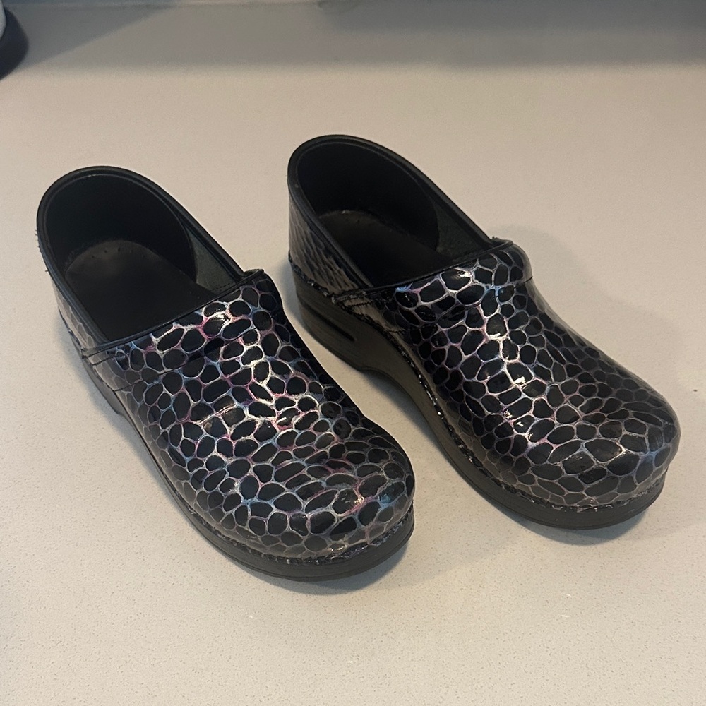 Dansko Black and Purple Patterned Clogs